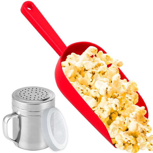 Red Plastic Popcorn Scoop 16 oz + Metal Salt Shaker 9 oz, Set of 2