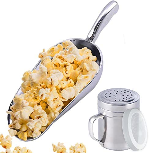 Aluminium Popcorn Scoop 12 oz + 10 oz Popcorn Salt Shaker with Handle, Set of 2
