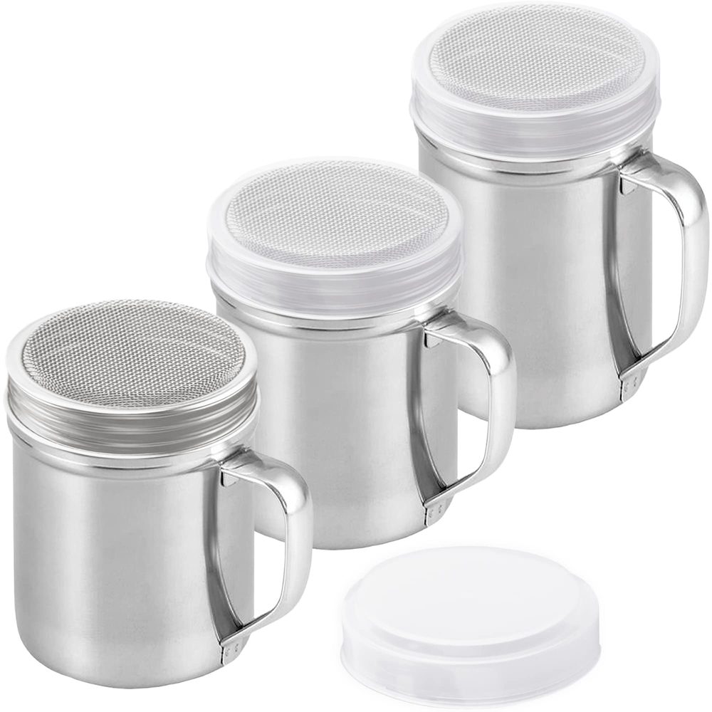 Stainless Steel Cinnamon Sugar Shakers with Fine Mesh, 10 + 10 + 14 oz, Set of 3