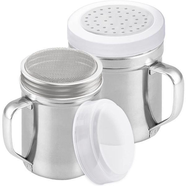 Stainless Steel Dredges with Handles: 6 oz Fine Mesh + 10 oz Medium Holes, Set of 2