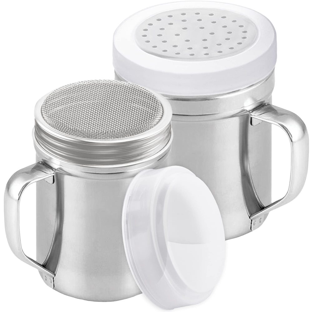 Stainless Steel Dredges with Handles: 6 oz Fine Mesh + 10 oz Medium Holes, Set of 2