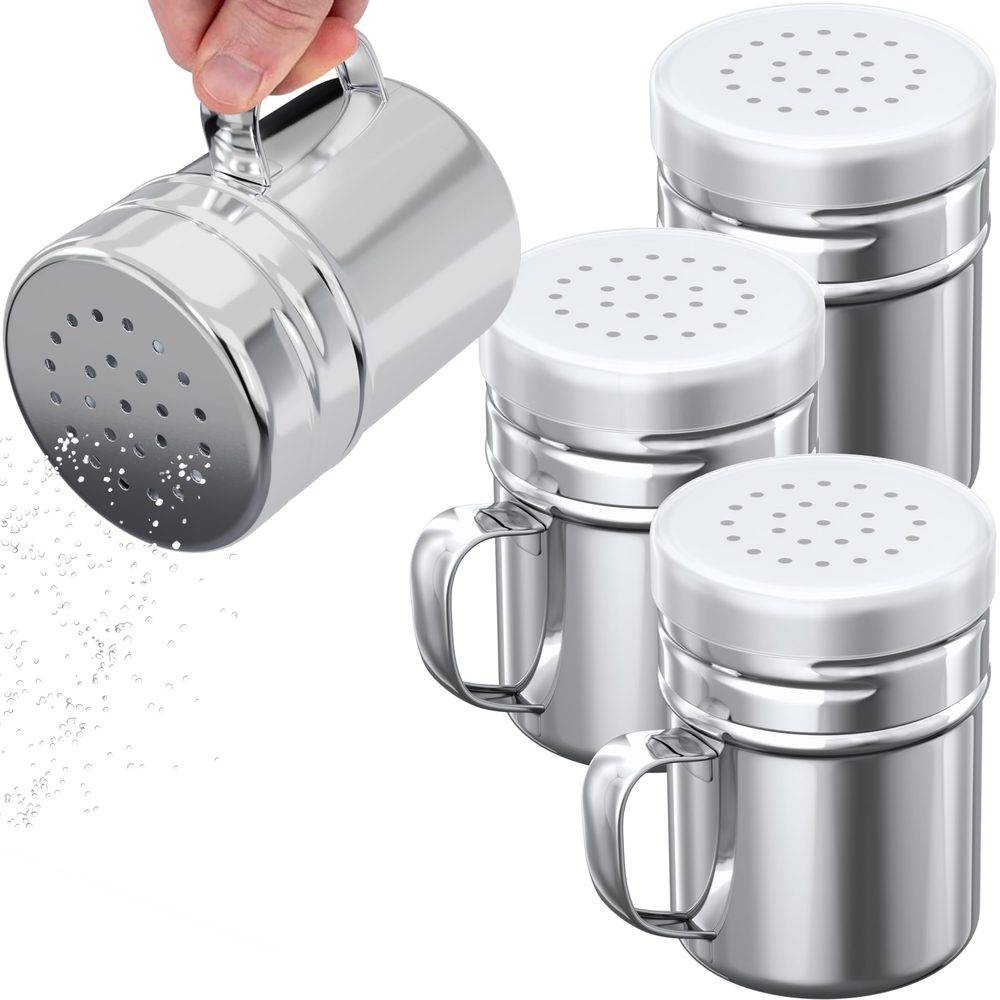 Stainless Steel Dredge Shakers with Handle, Medium Holes, 6 oz, Pack of 4