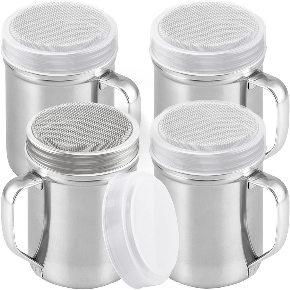 Stainless Steel Powdered Sugar Shakers with Fine Mesh and Plastic Cap, 14 oz, Pack of 4