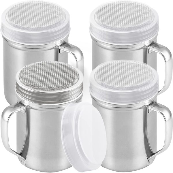 Stainless Steel Powdered Sugar Shakers with Fine Mesh and Plastic Cap, 14 oz, Pack of 4