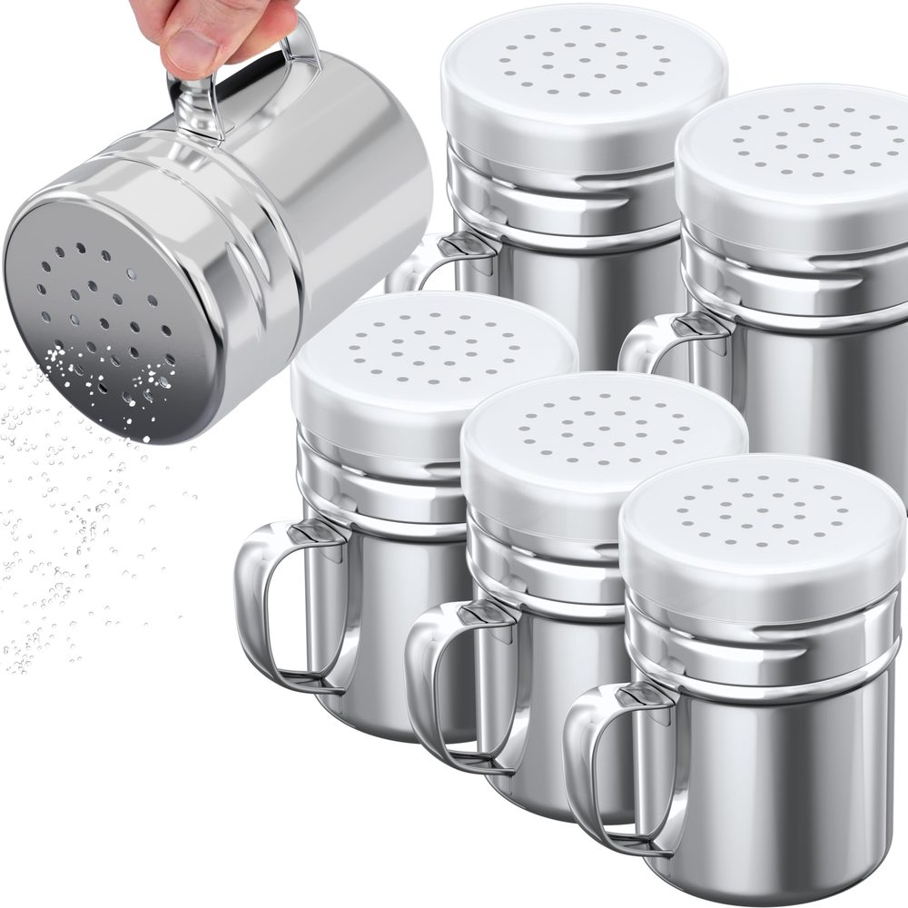 Stainless Steel Dredge Shakers with Handle, Medium Holes, 6 oz, Pack of 6