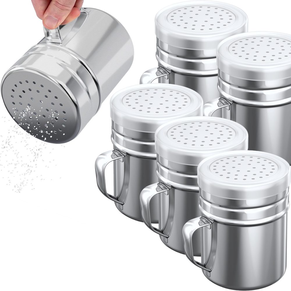 Stainless Steel Dredge Shakers with Handle, Medium Holes, 10 oz, Pack of 6