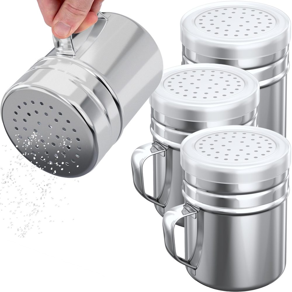 Stainless Steel Dredge Shakers with Handle, Medium Holes, 10 oz, Pack of 4