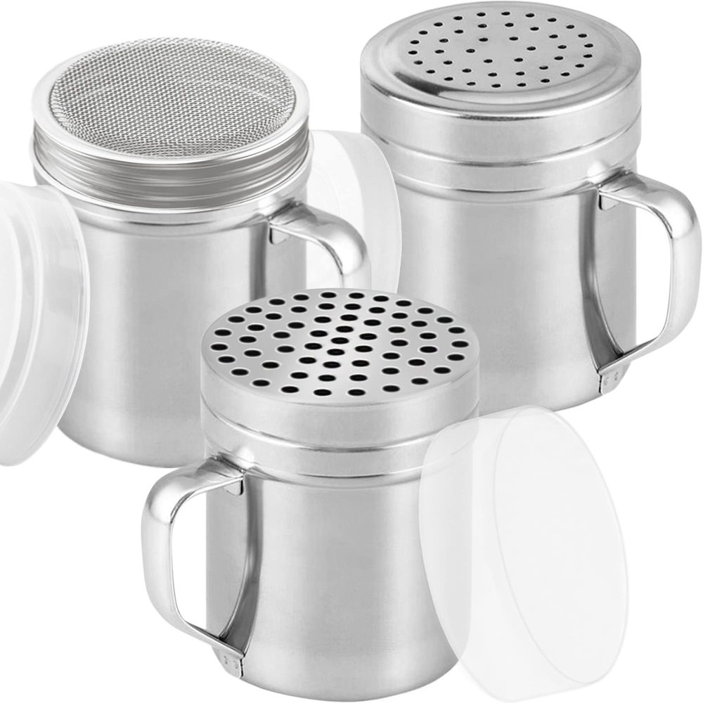 Stainless Steel Dredges with Handle: Fine Mesh + Medium Holes + Large Holes, 10 oz, Set of 3