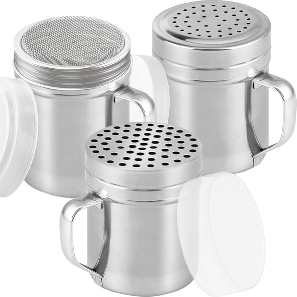 Stainless Steel Dredges with Handle: Fine Mesh + Medium Holes + Large Holes, 10 oz, Set of 3