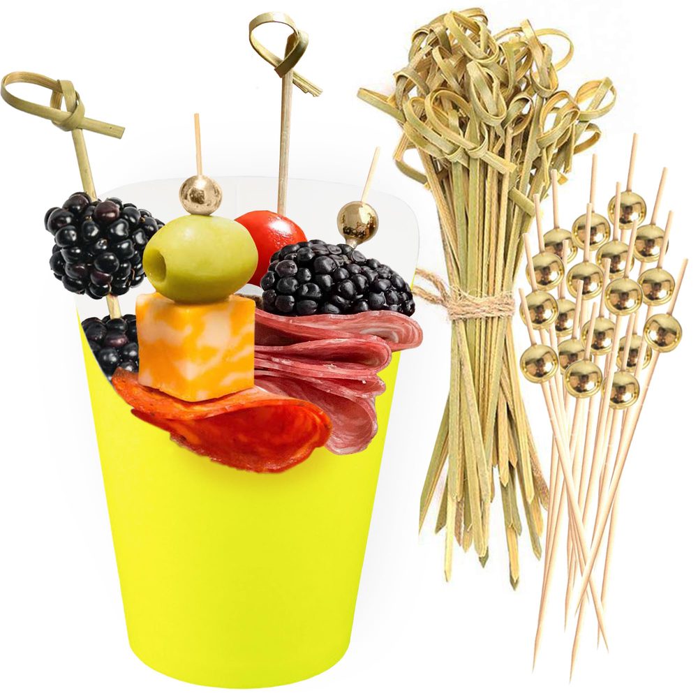 Yellow Paper Charcuterie Cups with Cocktail Picks, 14 oz, 50 + 200 pcs