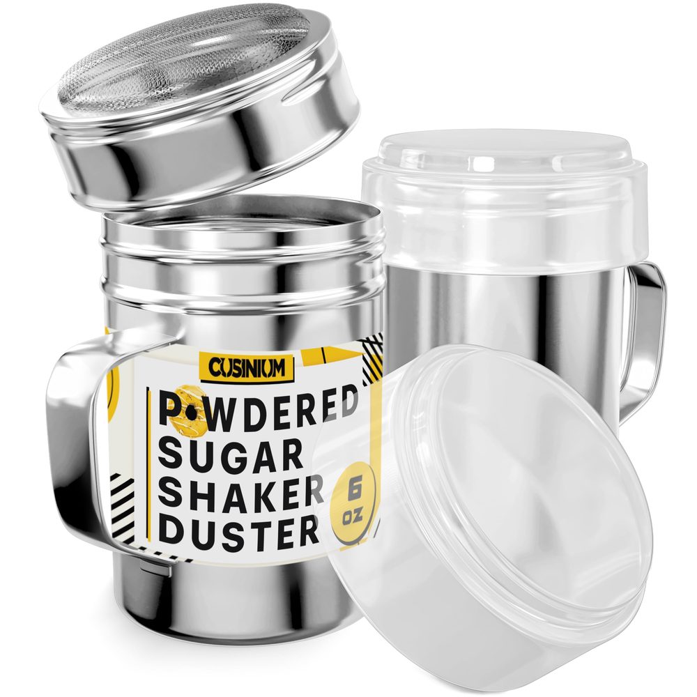 Stainless Steel Powdered Sugar Shakers with Fine Mesh and Plastic Cap, 6 oz, Pack of 2