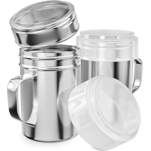 Stainless Steel Powdered Sugar Shakers with Fine Mesh and Plastic Cap, 10 oz, Pack of 2
