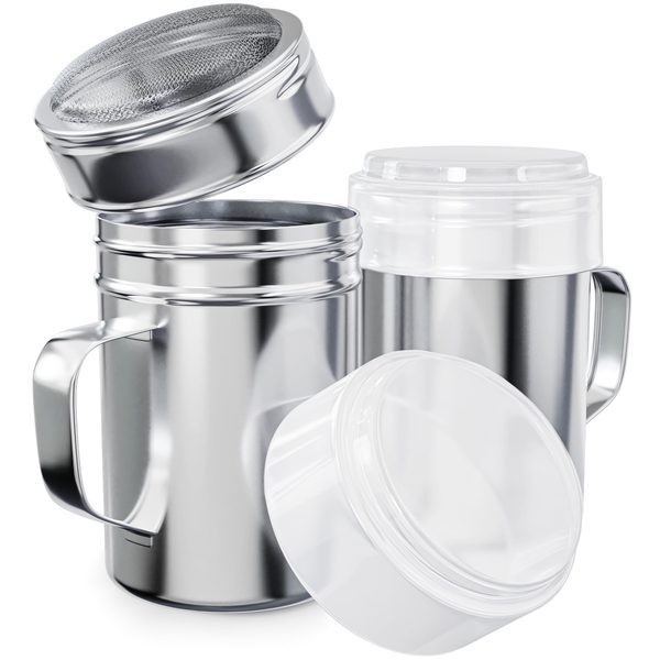 Stainless Steel Powdered Sugar Shakers with Fine Mesh and Plastic Cap, 14 oz, Pack of 2