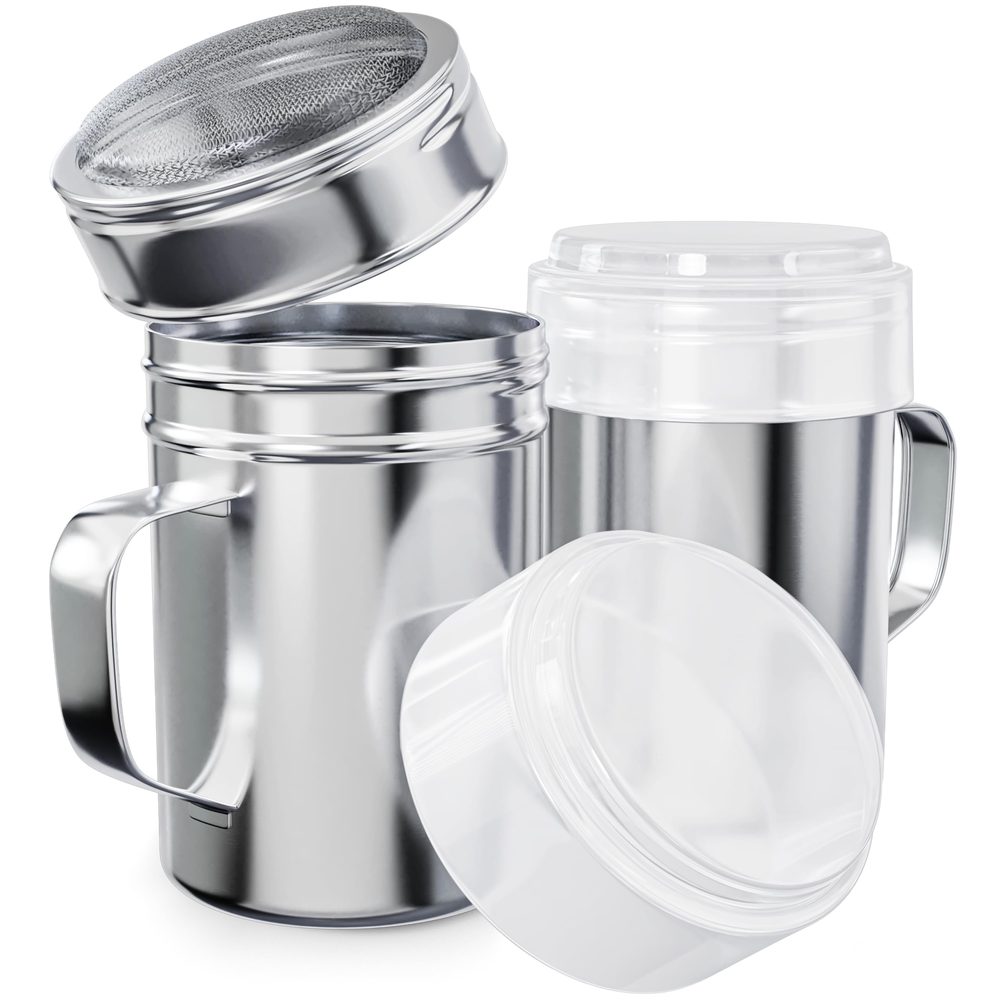 Stainless Steel Powdered Sugar Shakers with Fine Mesh and Plastic Cap, 14 oz, Pack of 2