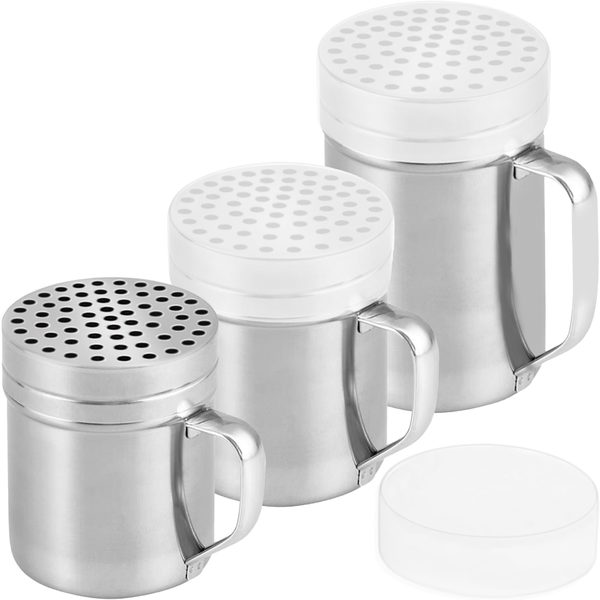 Stainless Steel Dredge Shakers with Large Holes, 10 + 10 + 14 oz, Set of 3