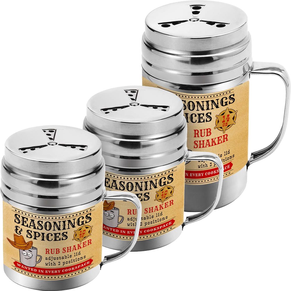 Stainless Steel Dredge Shakers with Adjustable Fan-Style Lid, 10 + 10 + 14 oz, Set of 3