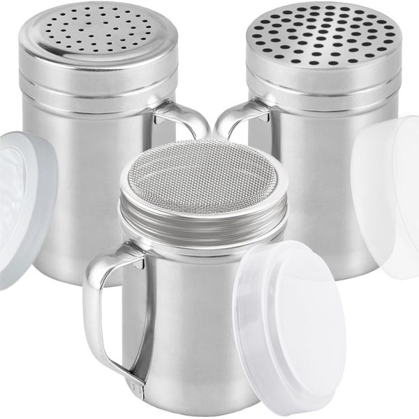 Stainless Steel Dredges with Handle: Fine Mesh + Medium Holes + Large Holes, 14 oz, Set of 3