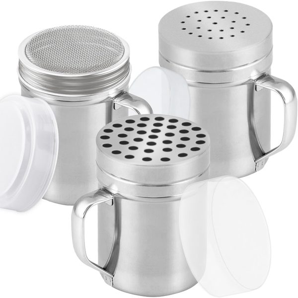 Stainless Steel Dredges with Handle: Fine Mesh + Medium Holes + Large Holes, 6 oz, Set of 3