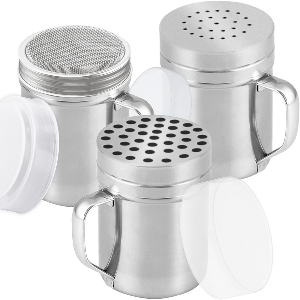 Stainless Steel Dredges with Handle: Fine Mesh + Medium Holes + Large Holes, 6 oz, Set of 3