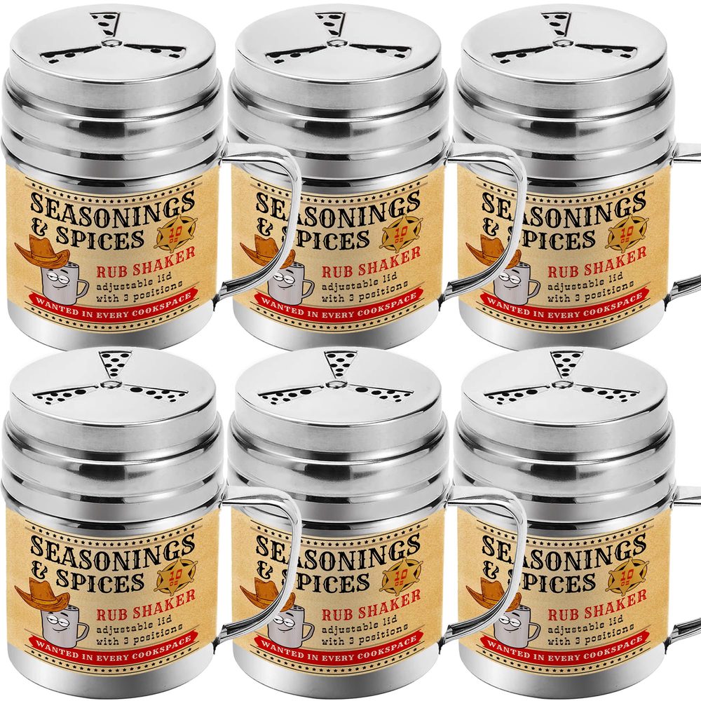 Stainless Steel BBQ Spice Shakers with Adjustable Fan-Style Lid, 10 oz, Pack of 6