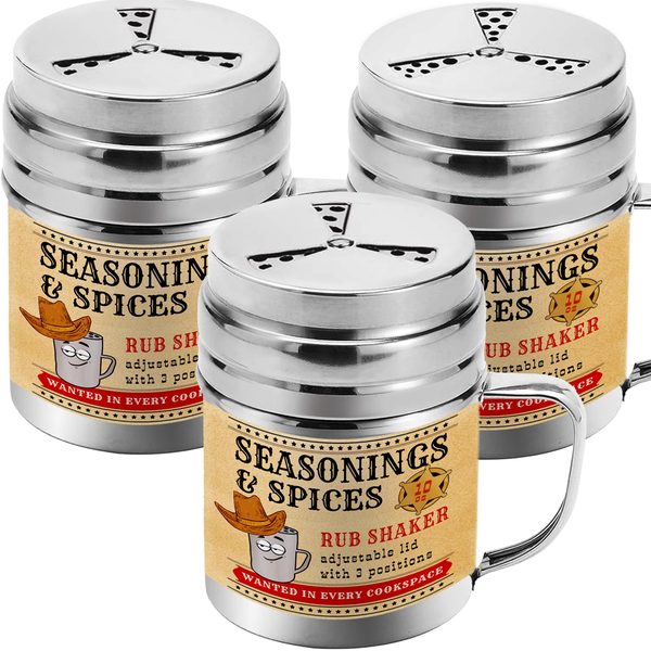 Stainless Steel BBQ Spice Shakers with Adjustable Fan-Style Lid, 10 oz, Pack of 3
