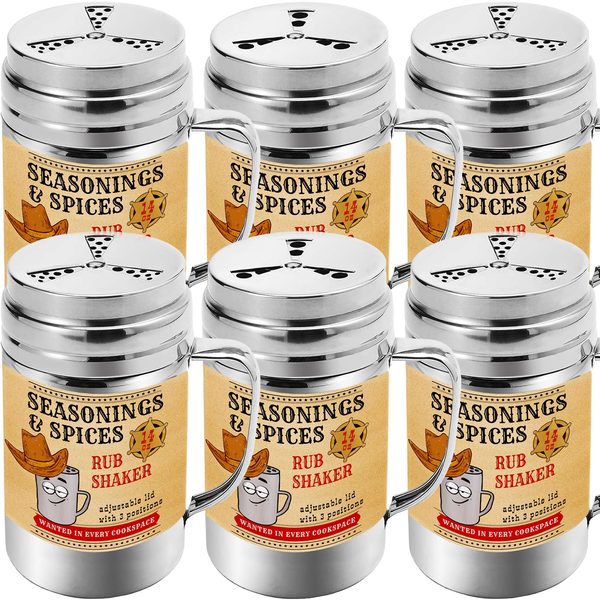 Stainless Steel BBQ Spice Shakers with Adjustable Fan-Style Lid, 14 oz, Pack of 6