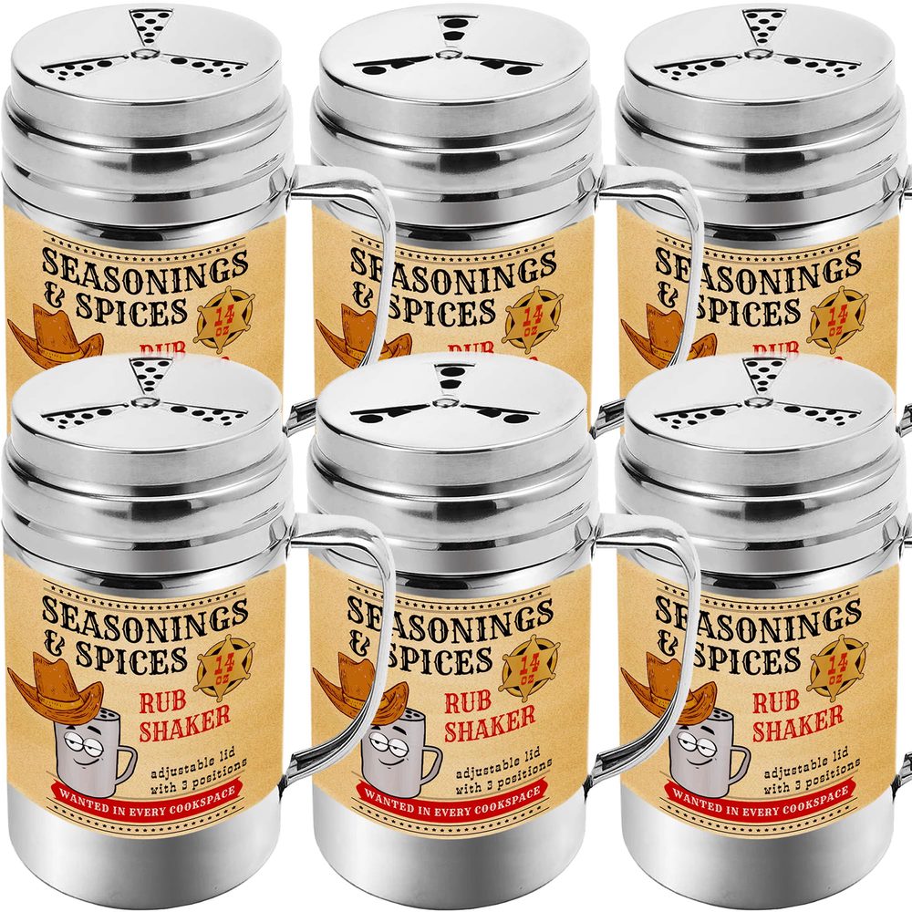 Stainless Steel BBQ Spice Shakers with Adjustable Fan-Style Lid, 14 oz, Pack of 6
