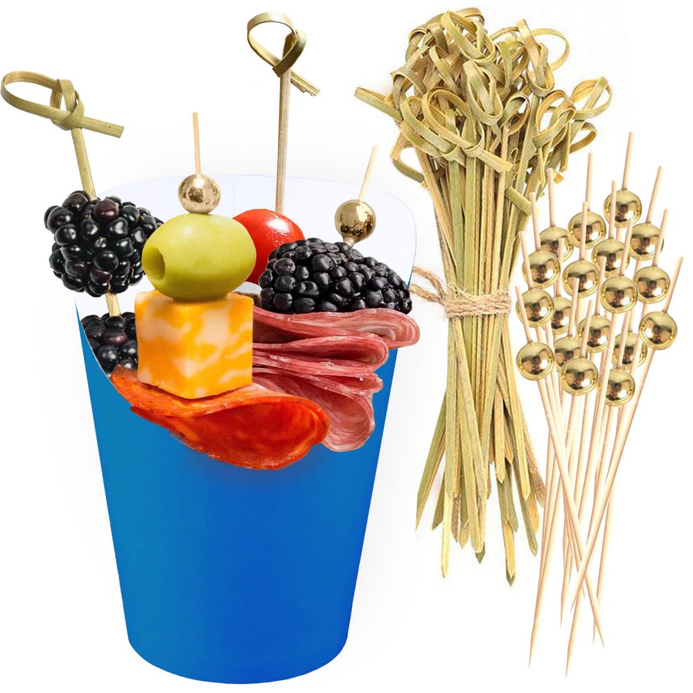 Blue Paper Charcuterie Cups with Cocktail Picks, 14 oz, 50 + 200 pcs