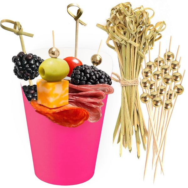 Hot Pink Paper Charcuterie Cups with Cocktail Picks, 14 oz, 50 + 200 pcs
