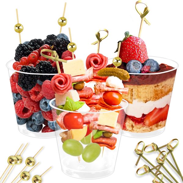 Clear Plastic Charcuterie Cups, Round, 5.7 oz + Cocktail Picks, 50 + 200 pcs