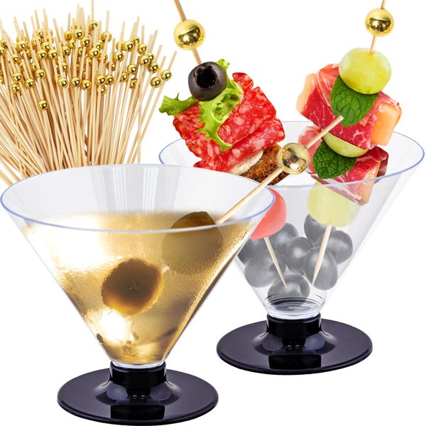 Clear Plastic Martini Glasses 4.9 oz + Cocktail Picks, 50 + 100 pcs