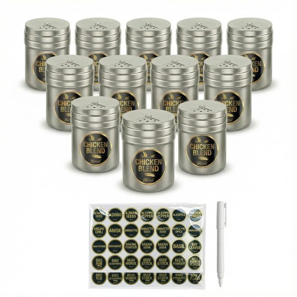 Stainless Steel Seasoning Containers with Adjustable Lid + 192 Labels, 6 oz, Pack of 12