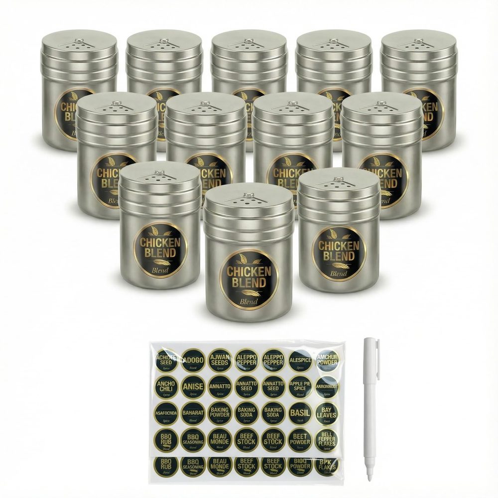 Stainless Steel Seasoning Containers with Adjustable Lid + 192 Labels, 6 oz, Pack of 12