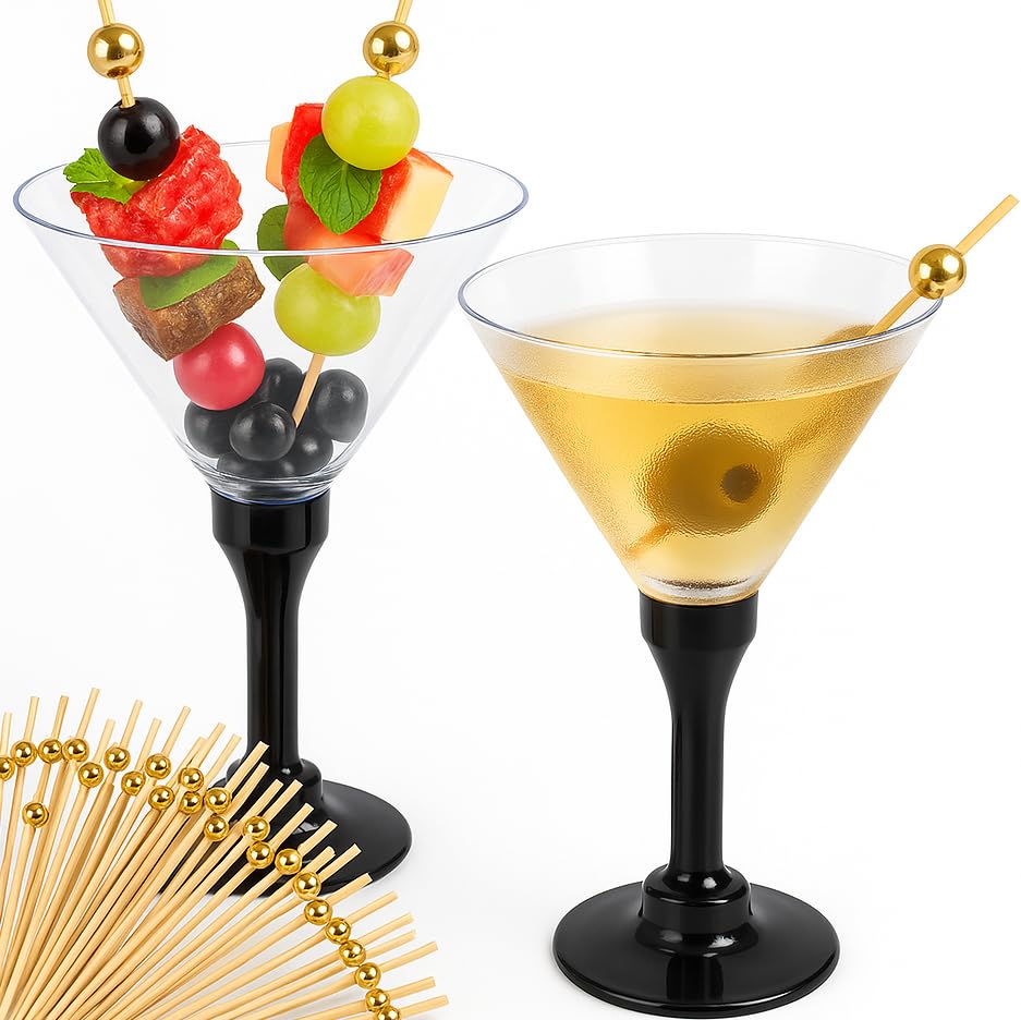 Clear Plastic Martini Glasses & Dessert Cups 4.9 oz + Cocktail Picks, 50 + 100 pcs