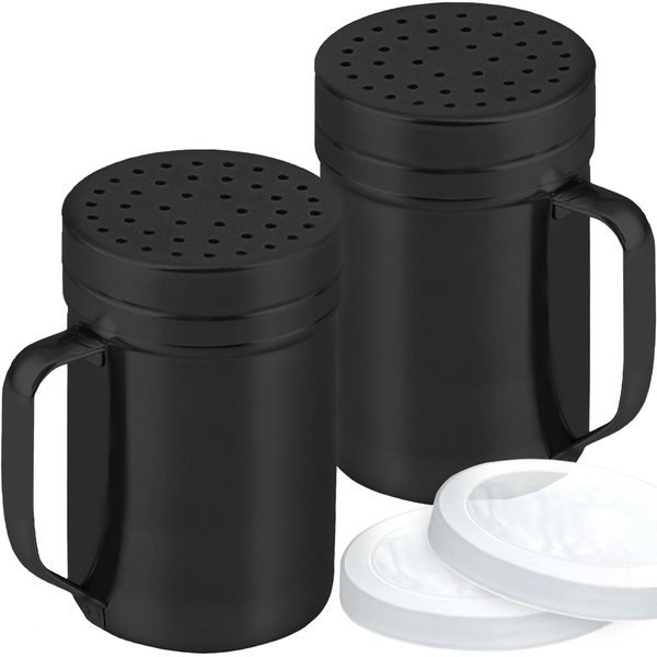 Black Stainless Steel Dredge Shakers with Handle, Medium Holes, 14 oz, Pack of 2