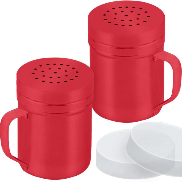 Red Stainless Steel Dredge Shakers with Handle, Medium Holes, 6 oz, Pack of 2