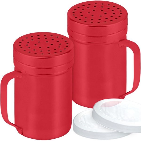 Red Stainless Steel Dredge Shakers with Handle, Medium Holes, 14 oz, Pack of 2