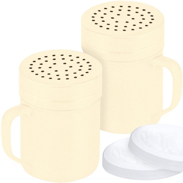Beige Stainless Steel Dredge Shakers with Handle, Medium Holes, 10 oz, Pack of 2