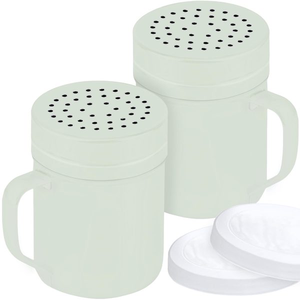 Espolvoreadores de acero inoxidable verde salvia con asa, agujeros medianos, 10 oz, paquete de 2