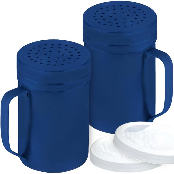 Navy Blue Stainless Steel Dredge Shakers with Handle, Medium Holes, 14 oz, Pack of 2