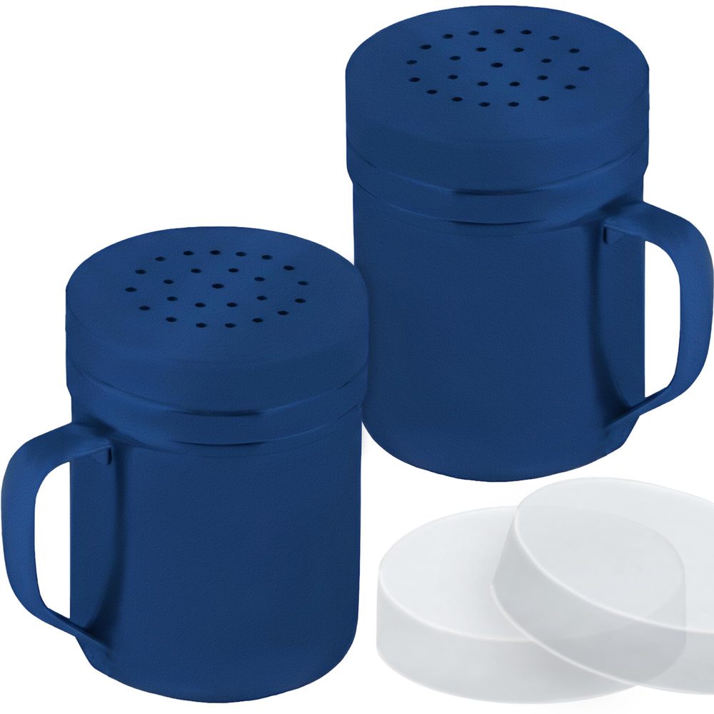 Navy Blue Stainless Steel Dredge Shakers with Handle, Medium Holes, 6 oz, Pack of 2