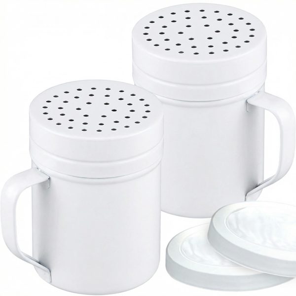 White Stainless Steel Dredge Shakers with Handle, Medium Holes, 6 oz, Pack of 2