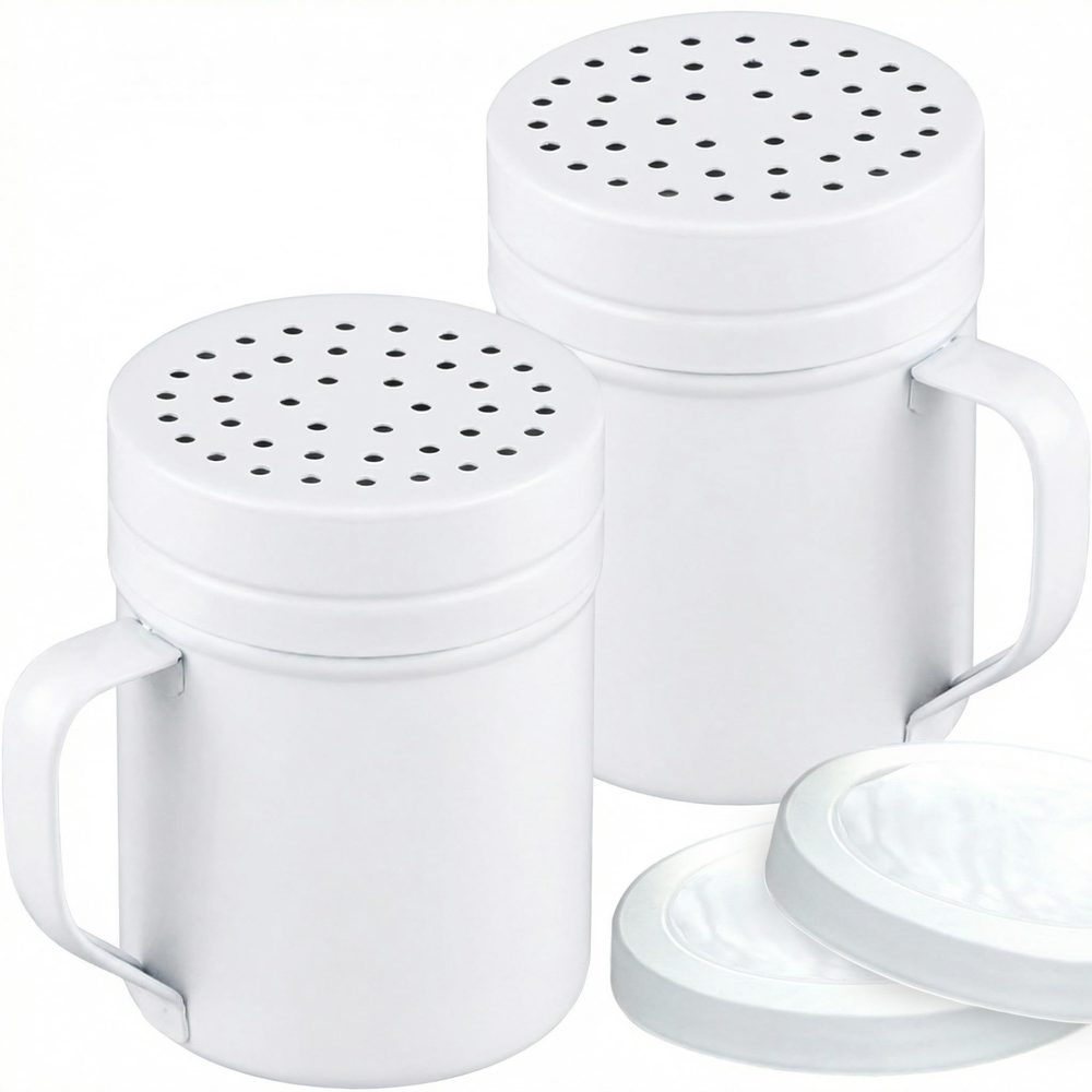 White Stainless Steel Dredge Shakers with Handle, Medium Holes, 6 oz, Pack of 2