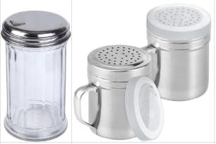 Azucarero espolvoreador de vidrio de 11 oz + salero y pimentero de metal, juego de 3
