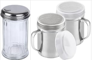 Azucarero espolvoreador de vidrio de 11 oz + salero y pimentero de acero inoxidable, juego de 3